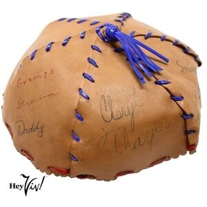 Vintage Child Size Brown Leather Beanie Cap w Family Friends Autographs -Hey Viv